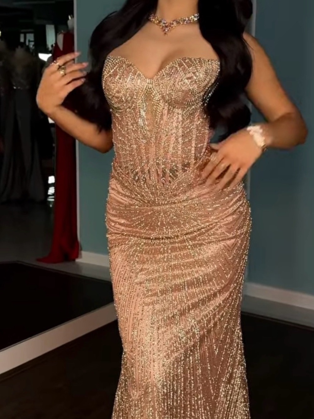 Elegant Strapless Beaded Evening Gown in Rose Gold